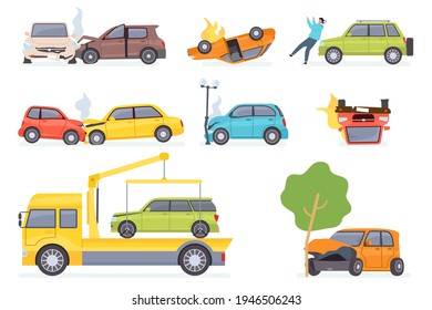 Cars accident. Insurance transportation on tow truck, auto collision with tree or street light. Vehicle crash vector set. Illustration insurance car, vehicle transportation after road accident