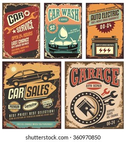 Cars ads and banners retro 20th century collection. Classic garage grunge metal signposts set. Old-fashioned road station and auto service layouts.
