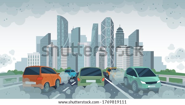 Cars air pollution. Polluted air environment\
at city, vehicle traffic and toxic pollution. Car with carbon\
dioxide clouds, vector concept. Pollution from vehicle, automobile\
transport illustration