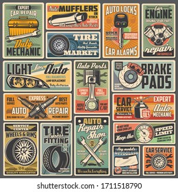 Cars auto service and mechanic garage station, vector vintage retro posters. Automotive diagnostic, engine repair, tire fitting and pumping, vehicle mufflers, brake pads and spare parts shop