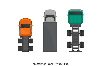 Cars or Automobile as Wheeled Motor Vehicle Used for Transportation Above View Vector Set