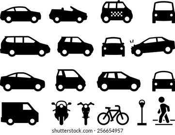 Cars, automobiles, motorcycles, taxi, bicycle, pedestrian and parking meter icons