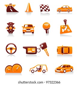 Cars And Automotive Vector Icon Set. Driver, Traffic Light, Racing Flag, Automatic Transmission, Handle Gear, Cone, Steering Wheel, Automobile Dashboard, Keys, Road, Speed, Vehicles, Auto Symbols