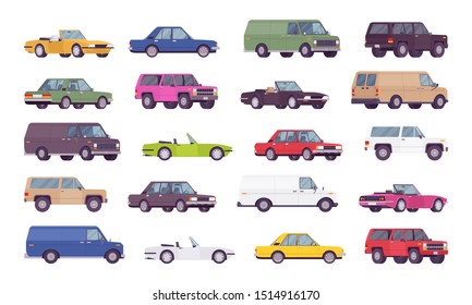 Cars big bundle set. Coupes, sedans, family trucks and hybrid vehicle collection, city transport models and country automobile. Vector flat style cartoon illustration isolated on white background