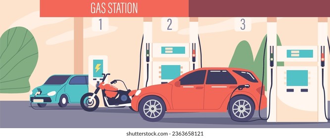 Cars And Bike Queued Up At The Gas Station. Vehicles Are Refueling. Drivers And Riders Are Filling Up Their Tanks
