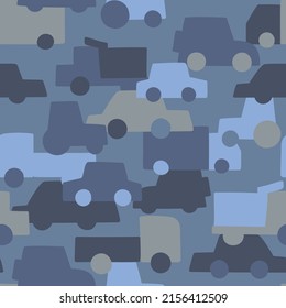 Cars blue army pattern. Seamless camouflage texture with vehicle in blue colors. Perfect fashion print for baby fabrics and clothes	
