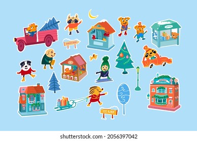 Cars, buildings, animals stickers in winter. Village set. Objects for educational games, puzzles, wallpapers, postcards, patterns. Vector hand drawn cartoon flat style.