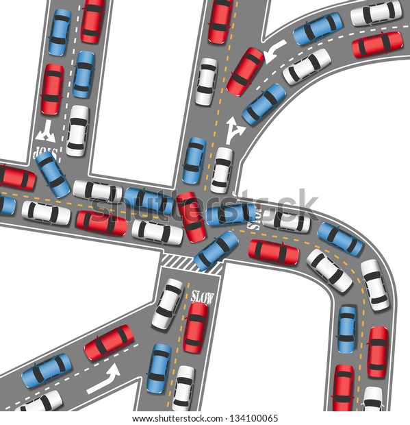 Cars in bumper to bumper traffic jam in busy drive\
time on busy roads
