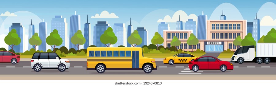 cars and bus driving asphalt road over school building exterior city urban traffic concept cityscape background flat horizontal