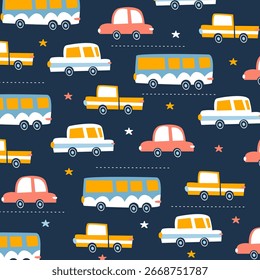cars and bus seamless pattern vector cartoon design for kids apparel fullprint fabric. This design is suitable for children's clothing textile industry