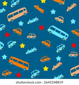 cars and bus seamless vector cute cartoon design for kids fabric fullprint apparel. This design is suitable for children's clothing textile industry