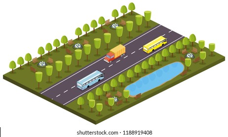 Cars, buses on the road, recreation area, lake in isometry. Vector, eps 10