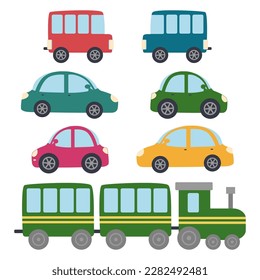 Cars buses, train set. Children's design. Urban transport