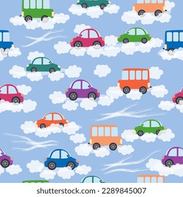 Cars, buses, trains, houses and roads, city seamless childish pattern. Cute illustrations for children's room design, postcards, clothes