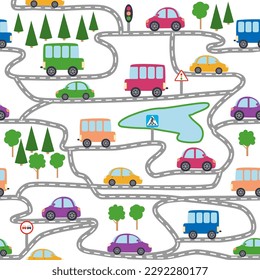 Cars, buses, trains, houses and roads, city seamless childish pattern. Cute illustrations for children's room design, postcards, clothes