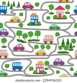 Cars, buses, trains, houses and roads, city seamless childish pattern. Cute illustrations for children's room design, postcards, clothes