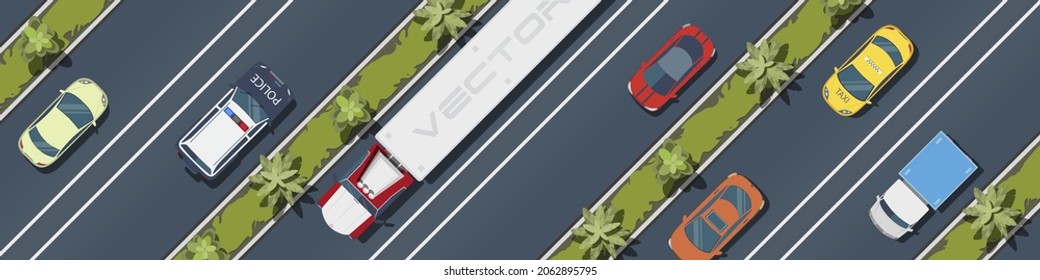 Cars, buses, trucks on the road .City transport top view .Highway.vector illustration.