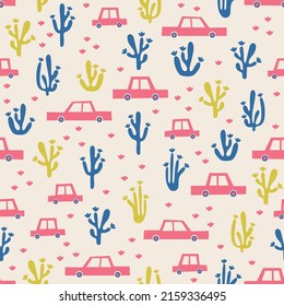 Cars and cacti vector seamless pattern design. Very cool pattern for wallpaper, textile or stationary projects. Matching pattern available. Blue, pink and yellow tones but colors are adjustable. 