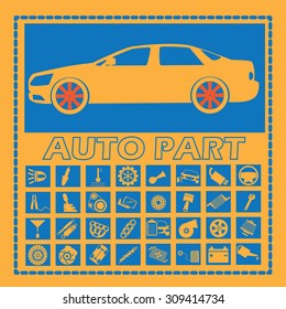 Cars and car parts in a blue rectangle on an orange background. In vector style.