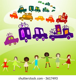 cars caravan, Group of kids playing in a landscape