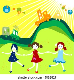 cars caravan, Group of kids playing in a landscape