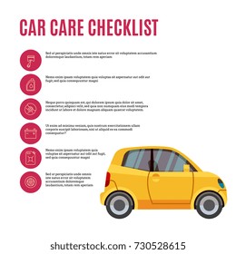 Cars care checklist. Yellow car and line icons. Vector illustration