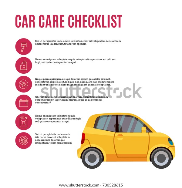 Cars care checklist. Yellow car and line\
icons. Vector\
illustration