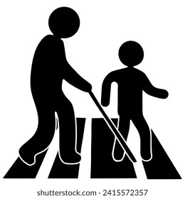 Cars careful driving, be careful grandfather and child cross the road on the zebra crossing. Safety sign in crosswalk or traffic sign. Vector illustration. Silhouette design on white background.
