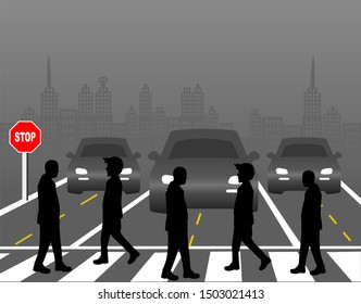 Cars careful driving at night. Road safety. Be careful of people crossing the road. For people using crosswalk To reduce accidents and to respect the traffic rules. Symbols, steps for successful.