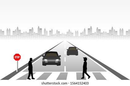 Cars careful driving. Road safety. Be careful of people crossing the road. For people using crosswalk To reduce accidents and to respect the traffic rules. Symbols, steps for successful.