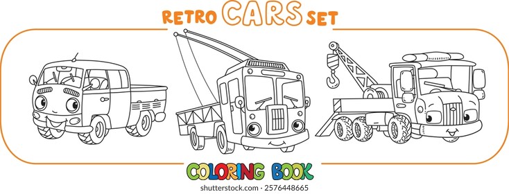 Cars. Cargo trolley or trolleybus, truck and tow truck. Small funny vector cute vehicles with eyes and mouth. Coloring book set for kids. Children vector illustration