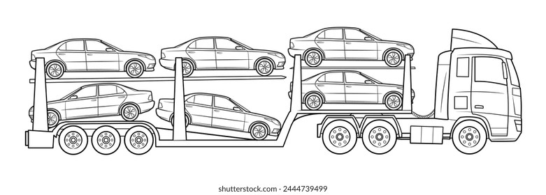 Cars carrier truck illustration - black and white vector stock illustration