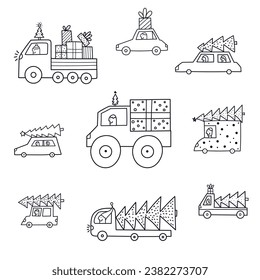 Cars are carrying Christmas trees and gift boxes. Cute linear Christmas illustration. Coloring book.