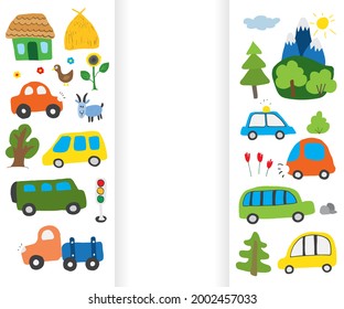 Cars Cartoon Set. Cute transport Doodles collection, vector illustration.