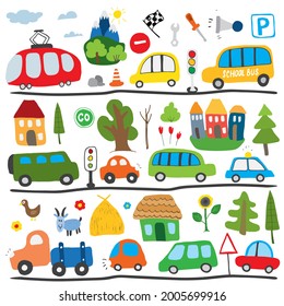 Cars Cartoon Set. Cute transport Doodles collection, vector illustration.