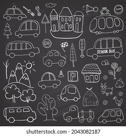 Cars Cartoon Set. Cute transport Doodles collection, vector illustration.