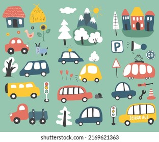 Cars Cartoon Set. Cute transport Doodles collection, vector illustration.