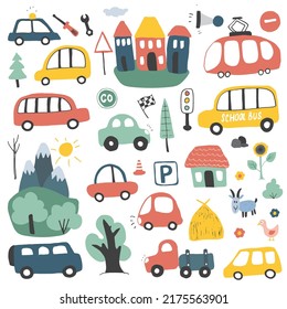 Cars Cartoon Set. Cute transport Doodles collection, vector illustration.