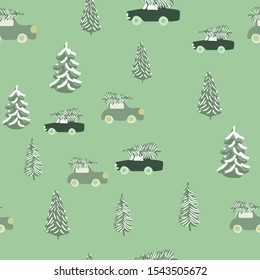 Cars with Christmas trees and pine trees forest seamless pattern on green background