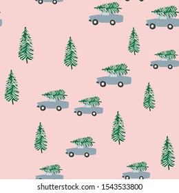 Cars With Christmas Trees And Pine Trees Forest Seamless Pattern On Pink Background