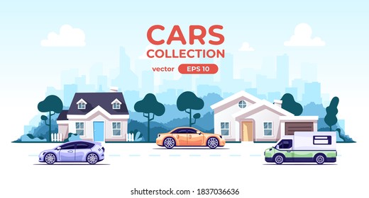 Cars with city silhouette on the background. Urban landscape. Modern simple cartoon design. Flat style eps10 illustration. Wide panorama. Traffic on the road.