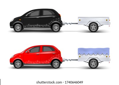 Cars with closed and open trailer. Vector illustration.