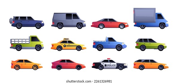 Cars collection. Cartoon vehicle transport, colorful sedan or hatchback automobile, taxi auto flat style transportation concept. Vector isolated set. Police emergency, cab service, sport car