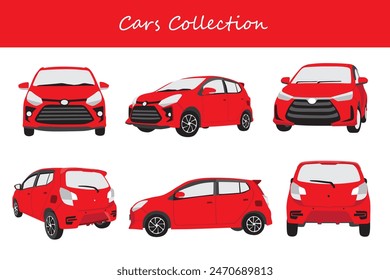 coches colección. coches en diferentes poses. Ilustración vectorial.