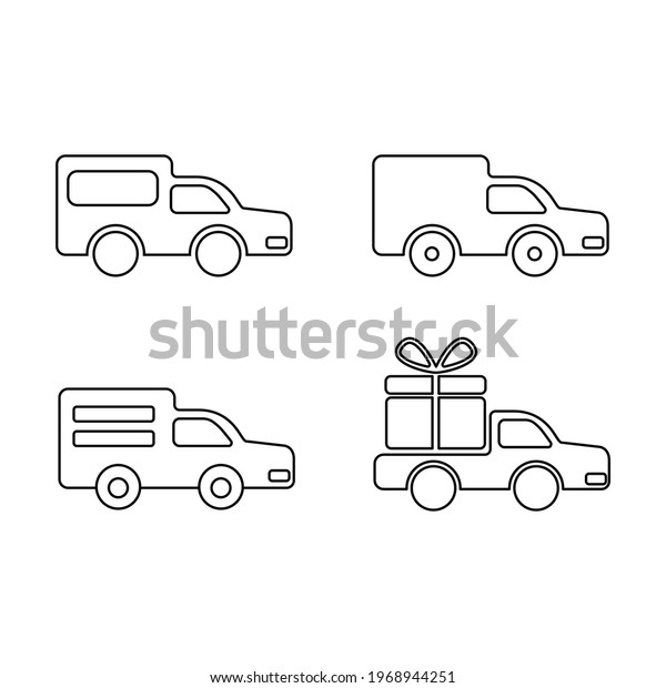 Cars collection icons. Van pickup truck\
delivery outline icons. Car with gift in\
back