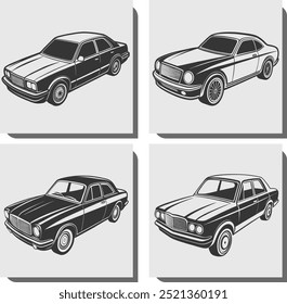 Cars Collection . illustrations. old cars silhouettes. Front view of an old car