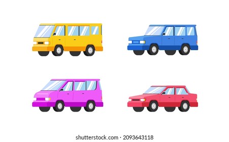 Colección de coches. Ilustración vectorial en estilo plano. concepto de transporte. Aislado sobre fondo blanco. Conjunto de diferentes modelos de autos;taxi, sedan, van, pickup
