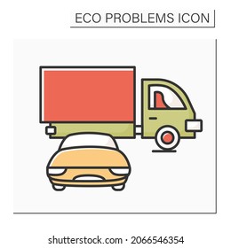 Cars color icon. Delivery truck and personal automobile. Concept of green transportation technologies, co2 emission reduction and ecology impact. Isolated vector illustration