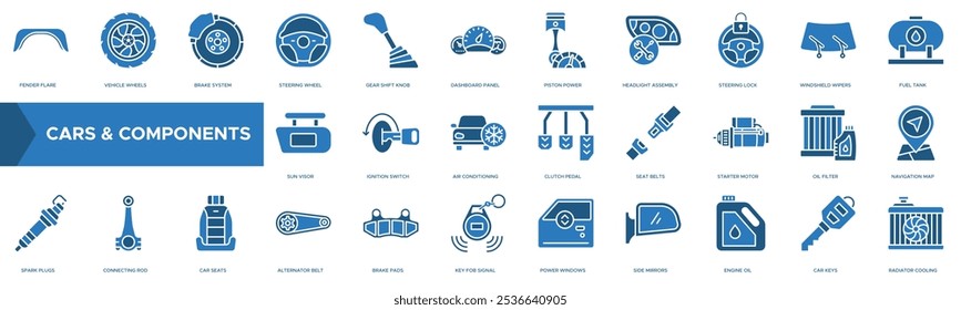 ícone Componentes de Carros. Toque do para-lamas, Rodas do veículo, Sistema de travagem, Volante, Botão de mudança de velocidades
