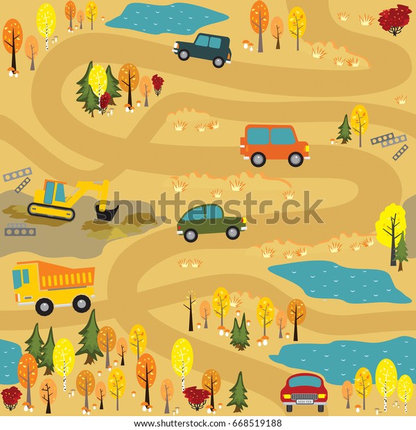 The cars and construction\
equipment on the roads in the autumn forest. Vector seamless\
pattern. 
